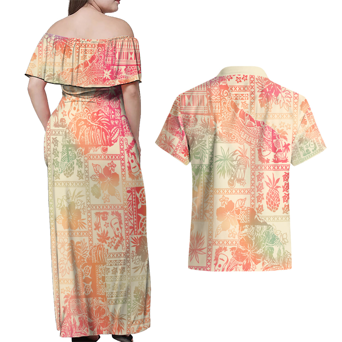 Hawaii Couples Matching Off Shoulder Maxi Dress and Hawaiian Shirt Aloha Tribal Pattern Sweat Pink Ombre LT9 - Wonder Print Shop