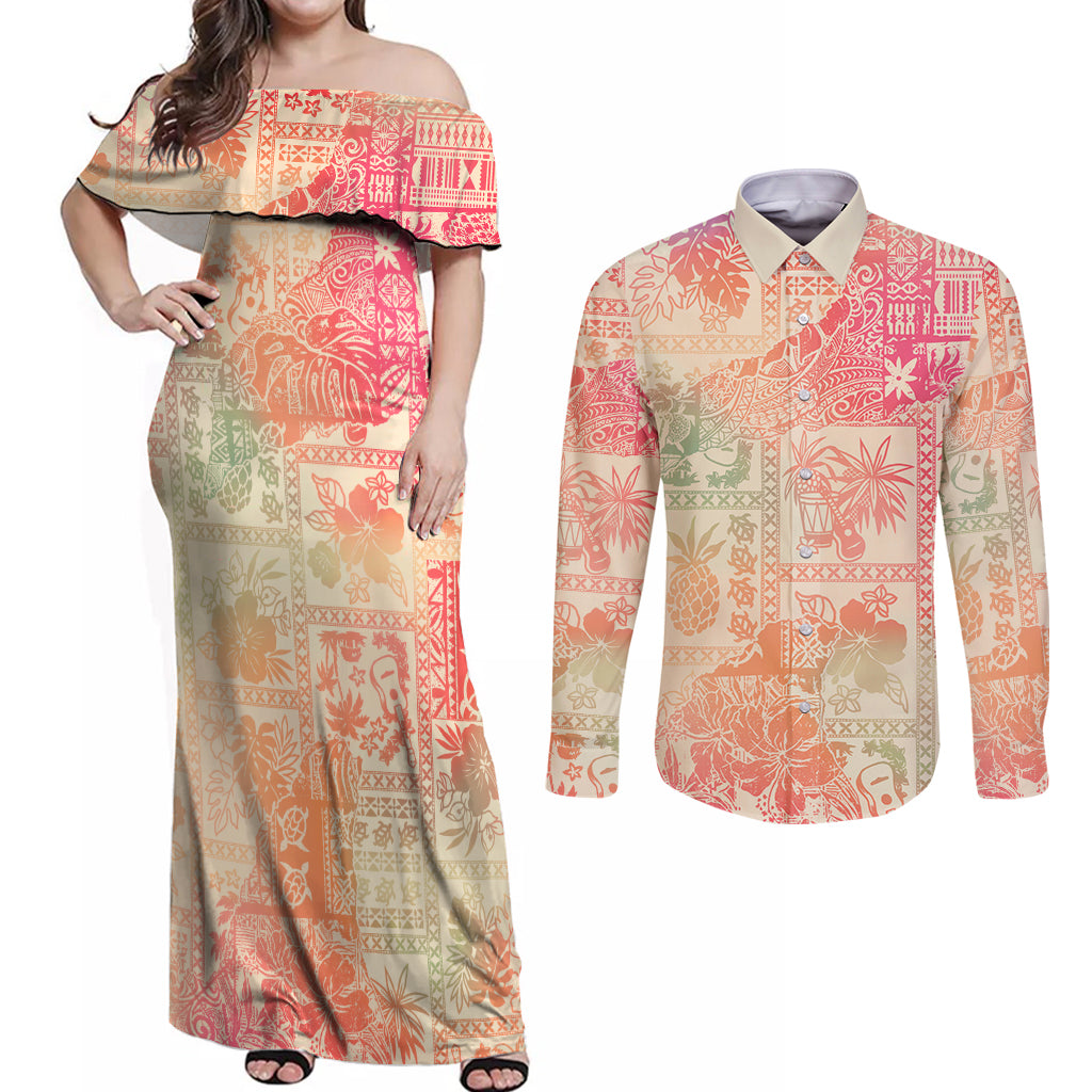Hawaii Couples Matching Off Shoulder Maxi Dress and Long Sleeve Button Shirt Aloha Tribal Pattern Sweat Pink Ombre LT9 - Wonder Print Shop
