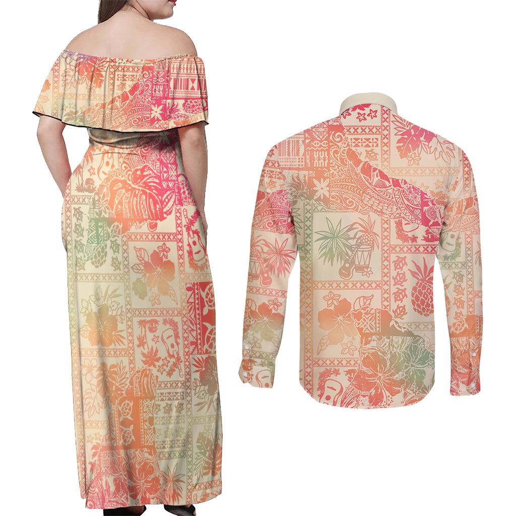 Hawaii Couples Matching Off Shoulder Maxi Dress and Long Sleeve Button Shirt Aloha Tribal Pattern Sweat Pink Ombre LT9 - Wonder Print Shop