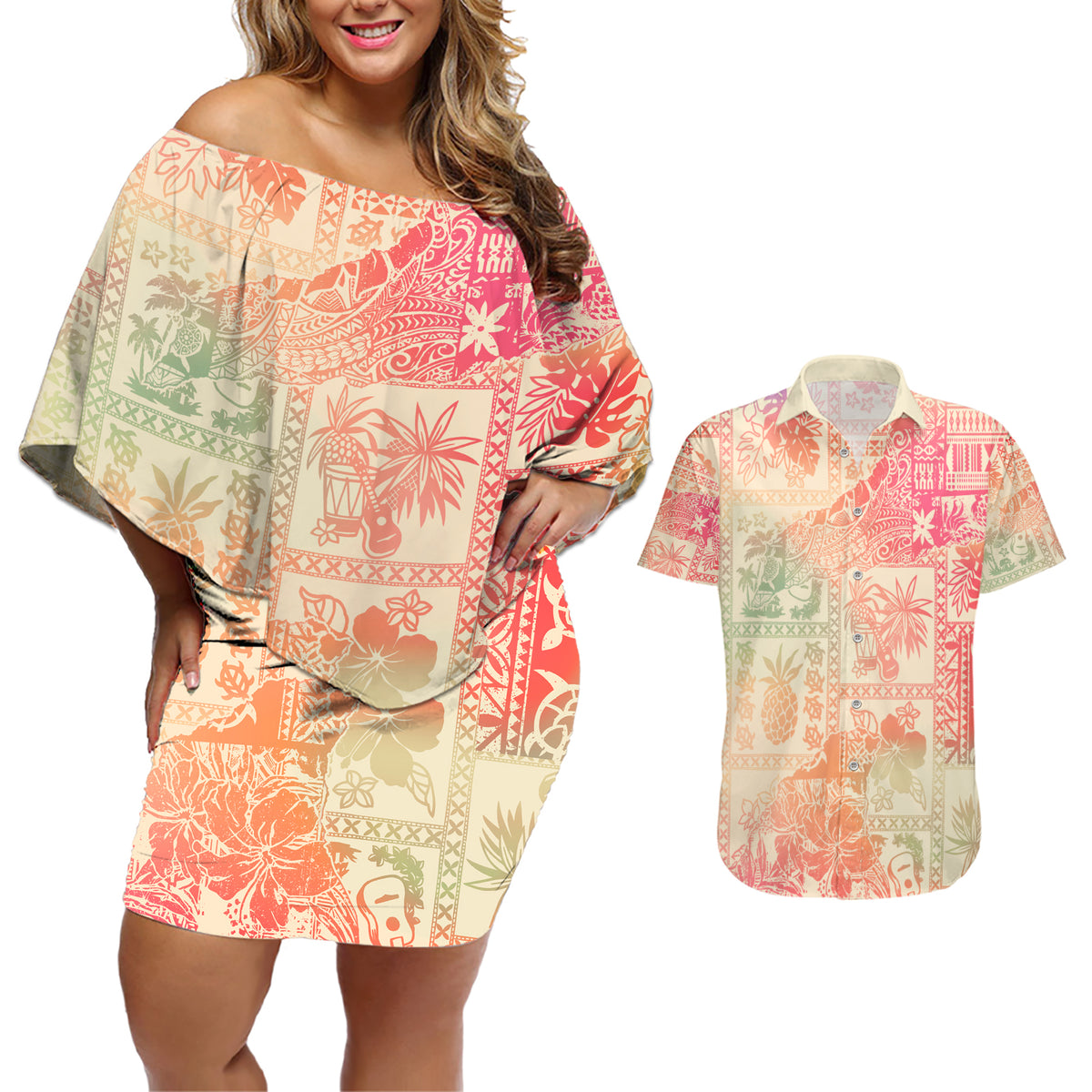 Hawaii Couples Matching Off Shoulder Short Dress and Hawaiian Shirt Aloha Tribal Pattern Sweat Pink Ombre LT9 - Wonder Print Shop