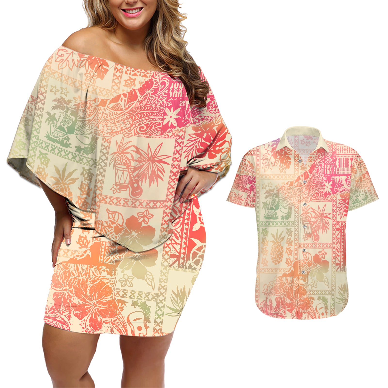 Hawaii Couples Matching Off Shoulder Short Dress and Hawaiian Shirt Aloha Tribal Pattern Sweat Pink Ombre LT9 - Wonder Print Shop