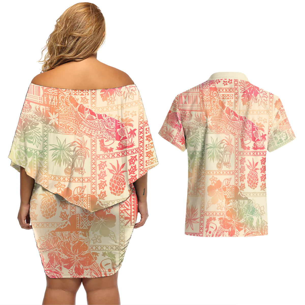 Hawaii Couples Matching Off Shoulder Short Dress and Hawaiian Shirt Aloha Tribal Pattern Sweat Pink Ombre LT9 - Wonder Print Shop