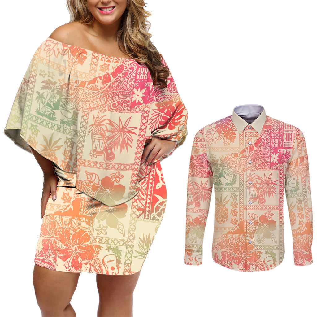 Hawaii Couples Matching Off Shoulder Short Dress and Long Sleeve Button Shirt Aloha Tribal Pattern Sweat Pink Ombre LT9 - Wonder Print Shop