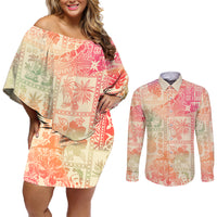 Hawaii Couples Matching Off Shoulder Short Dress and Long Sleeve Button Shirt Aloha Tribal Pattern Sweat Pink Ombre LT9 - Wonder Print Shop