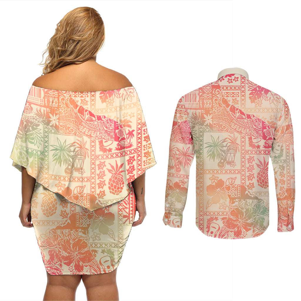 Hawaii Couples Matching Off Shoulder Short Dress and Long Sleeve Button Shirt Aloha Tribal Pattern Sweat Pink Ombre LT9 - Wonder Print Shop