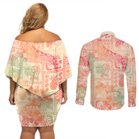 Hawaii Couples Matching Off Shoulder Short Dress and Long Sleeve Button Shirt Aloha Tribal Pattern Sweat Pink Ombre LT9 - Wonder Print Shop
