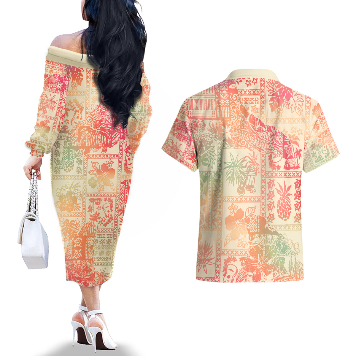 Hawaii Couples Matching Off The Shoulder Long Sleeve Dress and Hawaiian Shirt Aloha Tribal Pattern Sweat Pink Ombre LT9 - Wonder Print Shop