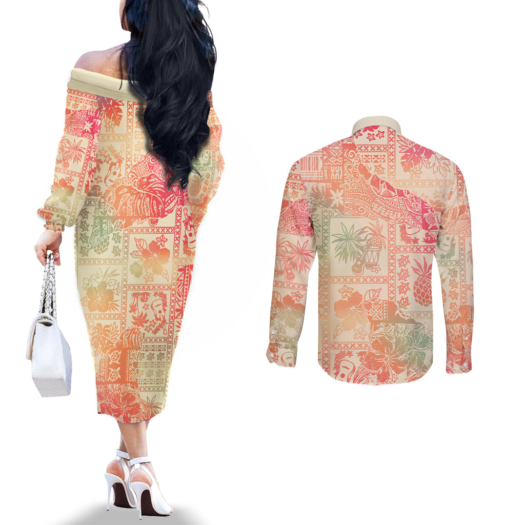 hawaii-couples-matching-off-the-shoulder-long-sleeve-dress-and-long-sleeve-button-shirt-aloha-tribal-pattern-sweat-pink-ombre
