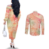 hawaii-couples-matching-off-the-shoulder-long-sleeve-dress-and-long-sleeve-button-shirt-aloha-tribal-pattern-sweat-pink-ombre