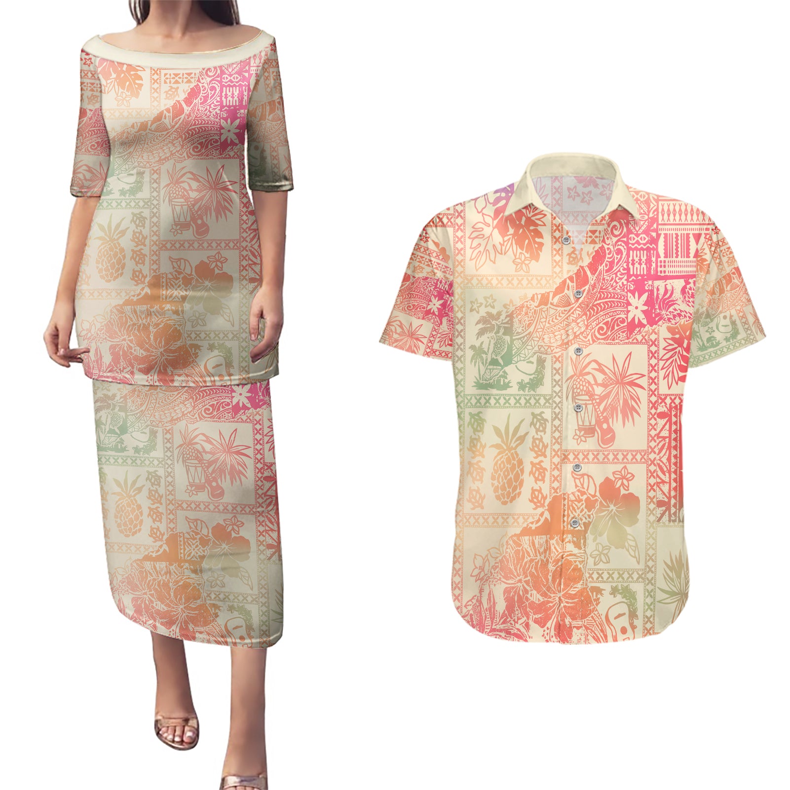 Hawaii Couples Matching Puletasi Dress and Hawaiian Shirt Aloha Tribal Pattern Sweat Pink Ombre LT9 - Wonder Print Shop