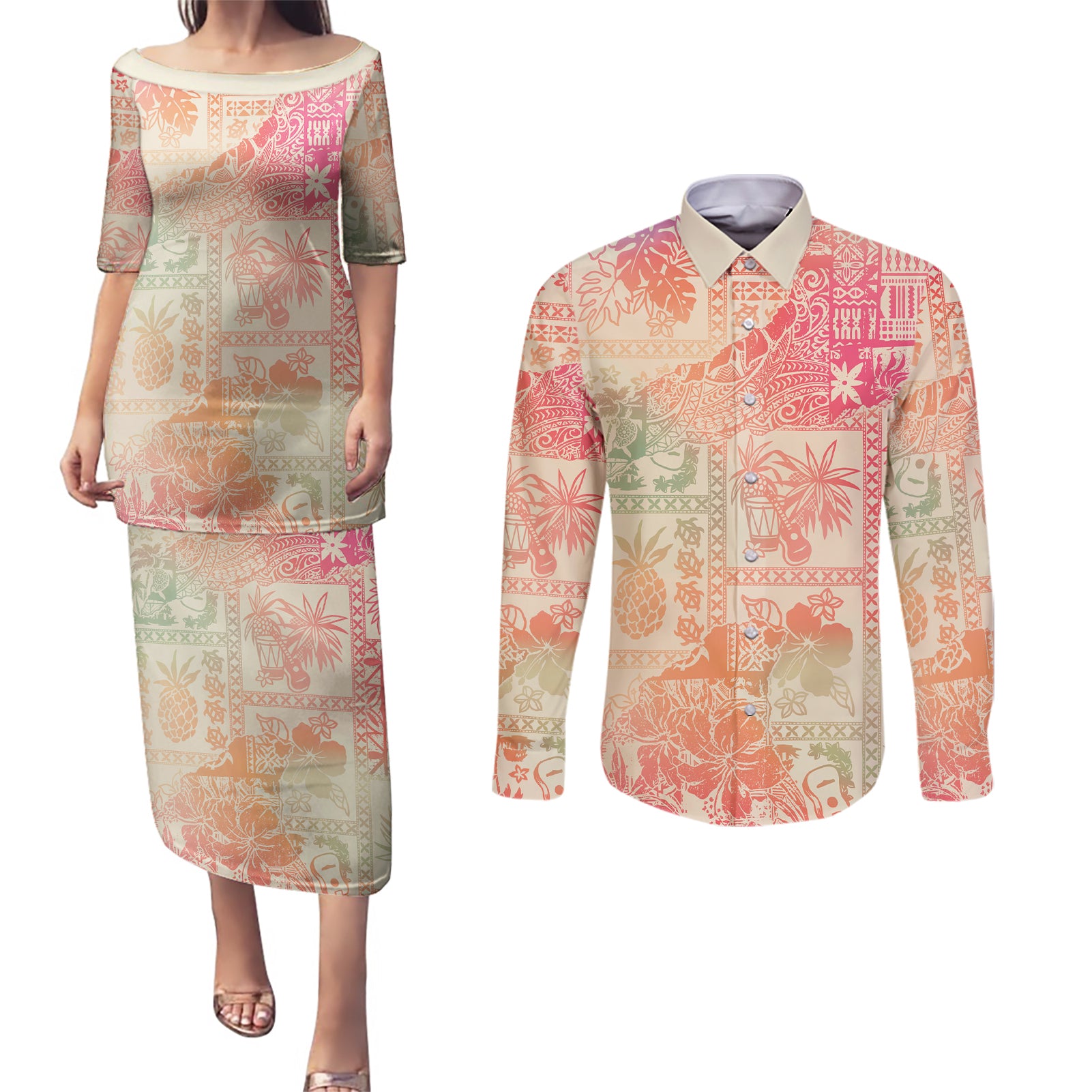 Hawaii Couples Matching Puletasi Dress and Long Sleeve Button Shirt Aloha Tribal Pattern Sweat Pink Ombre LT9 - Wonder Print Shop
