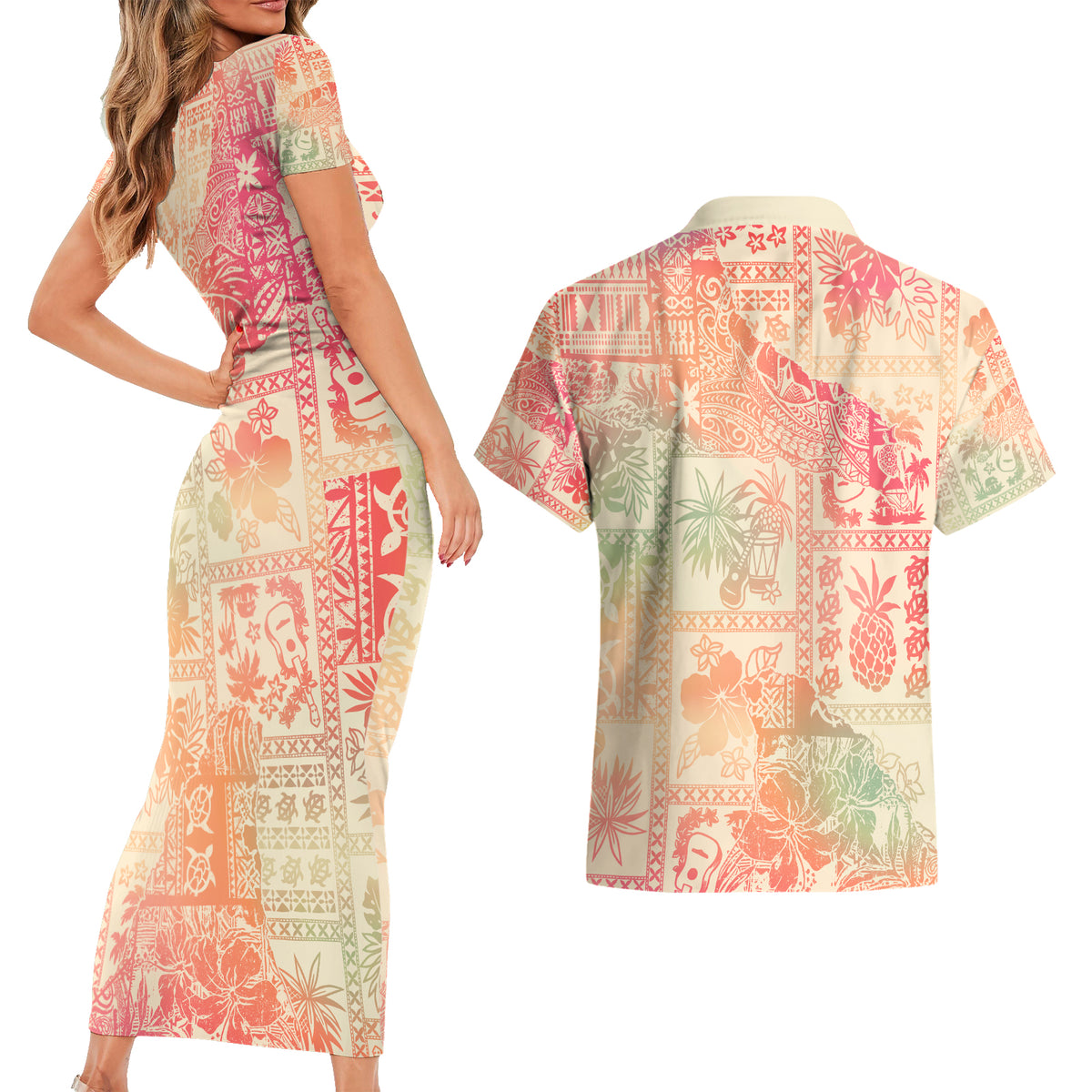 Hawaii Couples Matching Short Sleeve Bodycon Dress and Hawaiian Shirt Aloha Tribal Pattern Sweat Pink Ombre LT9 - Wonder Print Shop