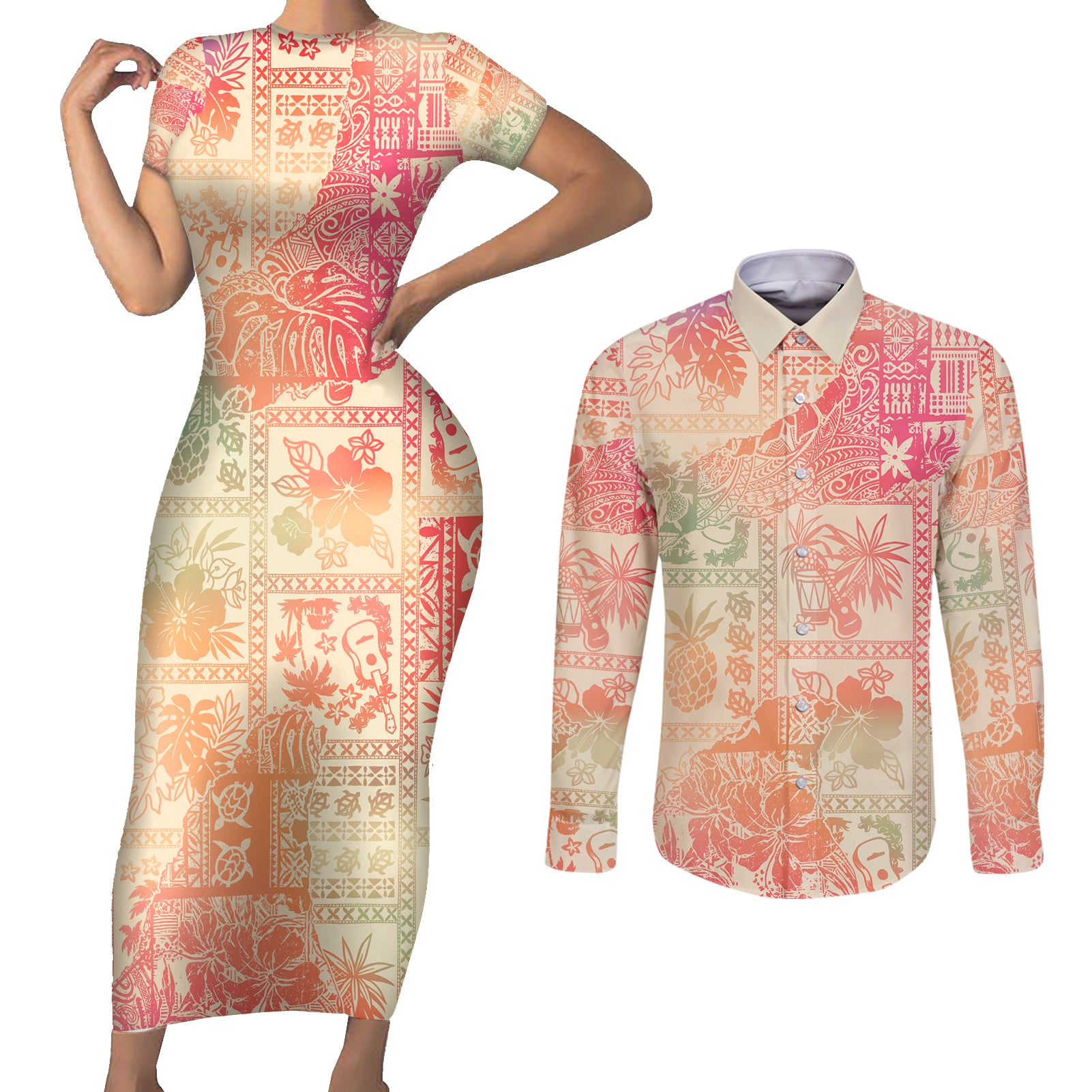 Hawaii Couples Matching Short Sleeve Bodycon Dress and Long Sleeve Button Shirt Aloha Tribal Pattern Sweat Pink Ombre LT9 - Wonder Print Shop