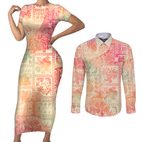 Hawaii Couples Matching Short Sleeve Bodycon Dress and Long Sleeve Button Shirt Aloha Tribal Pattern Sweat Pink Ombre LT9 - Wonder Print Shop