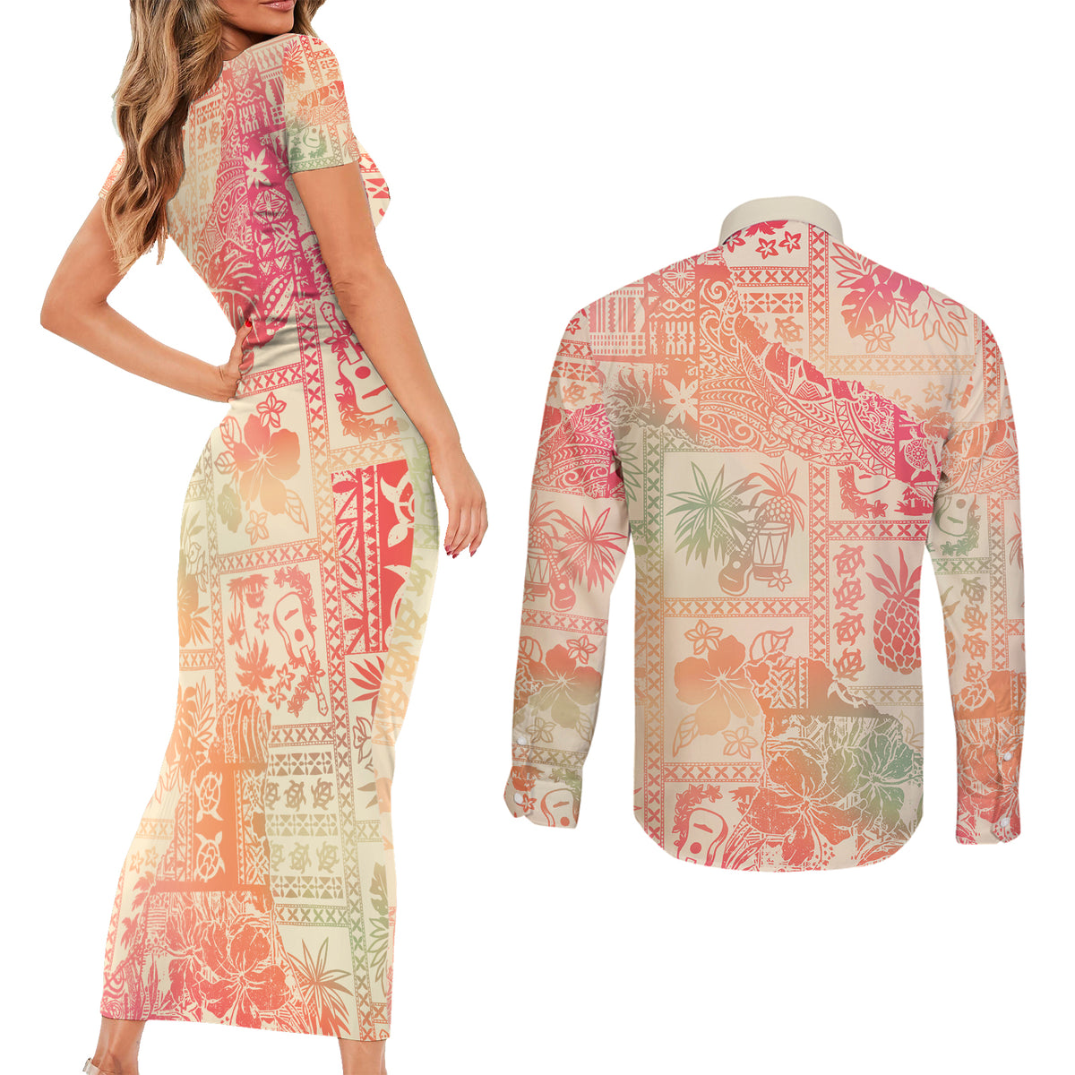 Hawaii Couples Matching Short Sleeve Bodycon Dress and Long Sleeve Button Shirt Aloha Tribal Pattern Sweat Pink Ombre LT9 - Wonder Print Shop