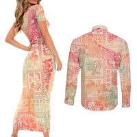 Hawaii Couples Matching Short Sleeve Bodycon Dress and Long Sleeve Button Shirt Aloha Tribal Pattern Sweat Pink Ombre LT9 - Wonder Print Shop