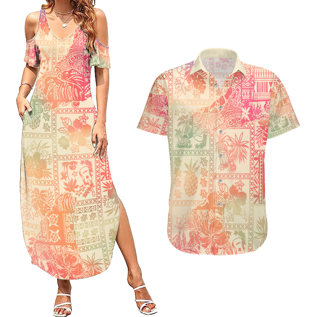 Hawaii Couples Matching Summer Maxi Dress and Hawaiian Shirt Aloha Tribal Pattern Sweat Pink Ombre LT9 - Wonder Print Shop