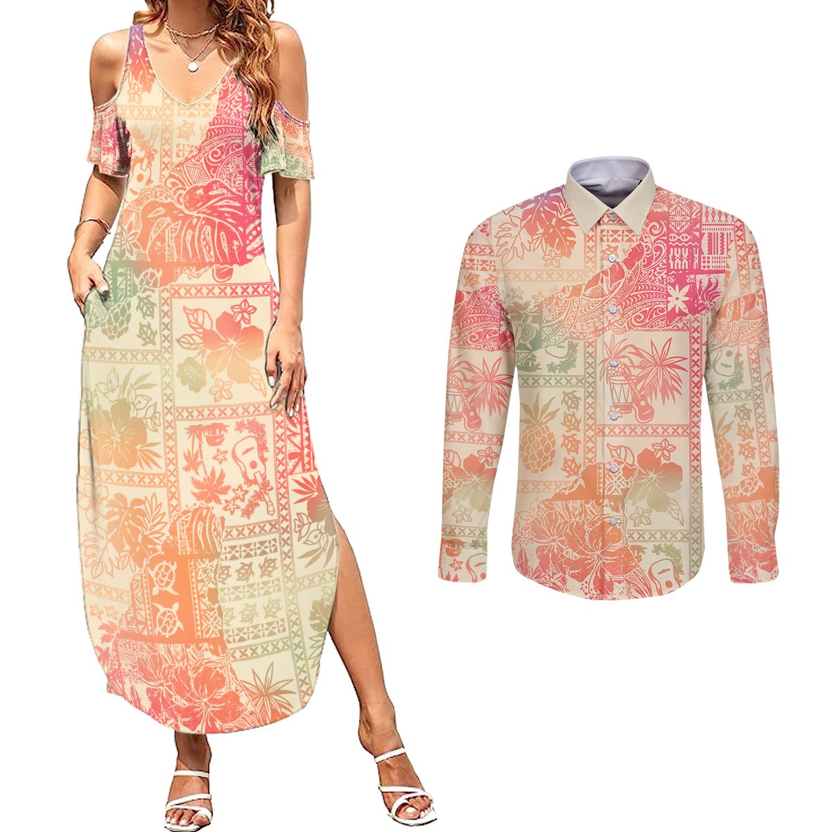 Hawaii Couples Matching Summer Maxi Dress and Long Sleeve Button Shirt Aloha Tribal Pattern Sweat Pink Ombre LT9 - Wonder Print Shop
