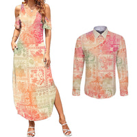 Hawaii Couples Matching Summer Maxi Dress and Long Sleeve Button Shirt Aloha Tribal Pattern Sweat Pink Ombre LT9 - Wonder Print Shop