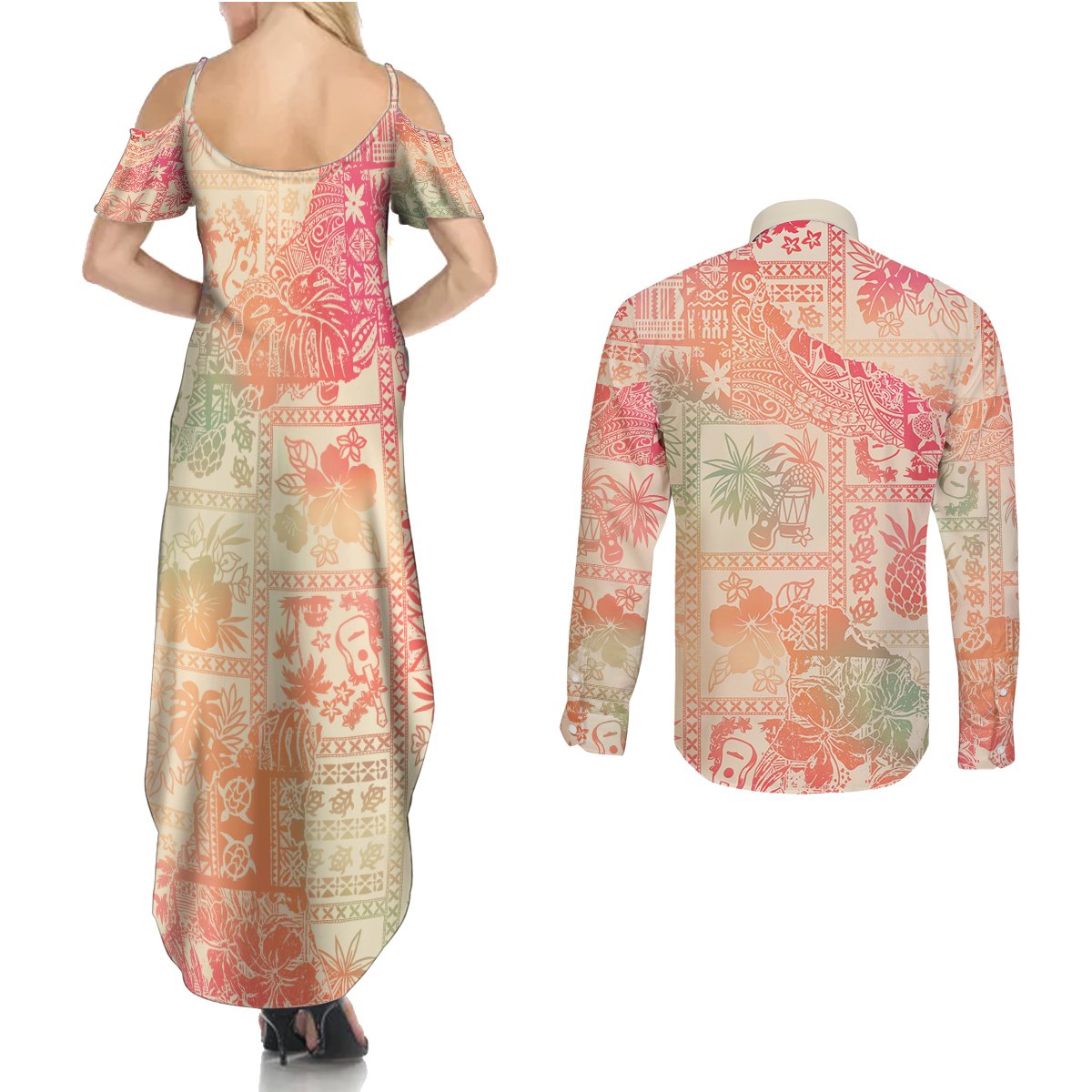 Hawaii Couples Matching Summer Maxi Dress and Long Sleeve Button Shirt Aloha Tribal Pattern Sweat Pink Ombre LT9 - Wonder Print Shop