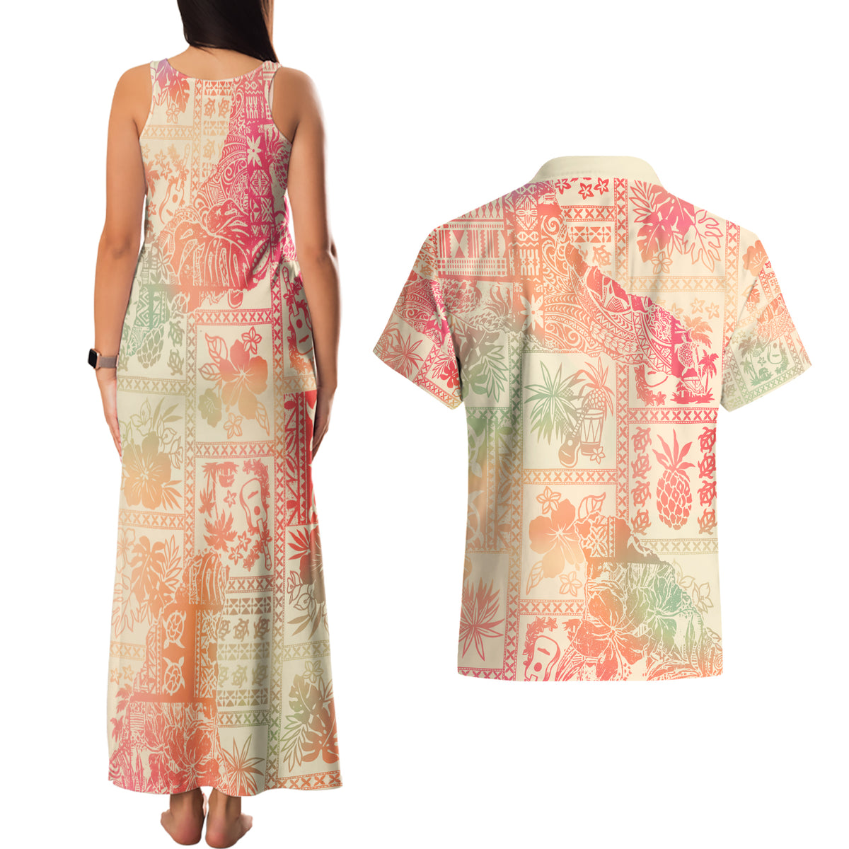 Hawaii Couples Matching Tank Maxi Dress and Hawaiian Shirt Aloha Tribal Pattern Sweat Pink Ombre LT9 - Wonder Print Shop