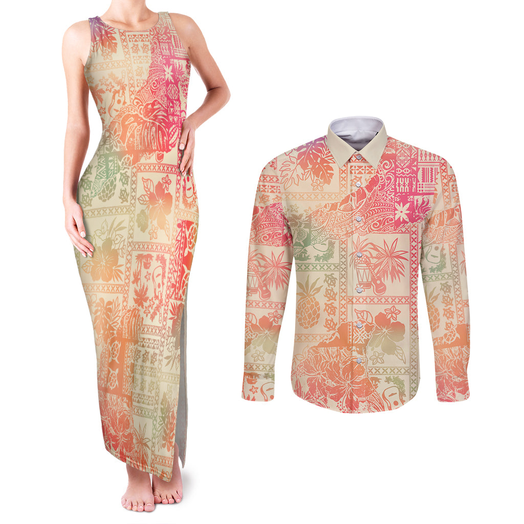 Hawaii Couples Matching Tank Maxi Dress and Long Sleeve Button Shirt Aloha Tribal Pattern Sweat Pink Ombre LT9 - Wonder Print Shop