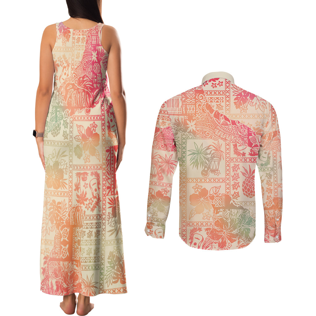 Hawaii Couples Matching Tank Maxi Dress and Long Sleeve Button Shirt Aloha Tribal Pattern Sweat Pink Ombre LT9 - Wonder Print Shop