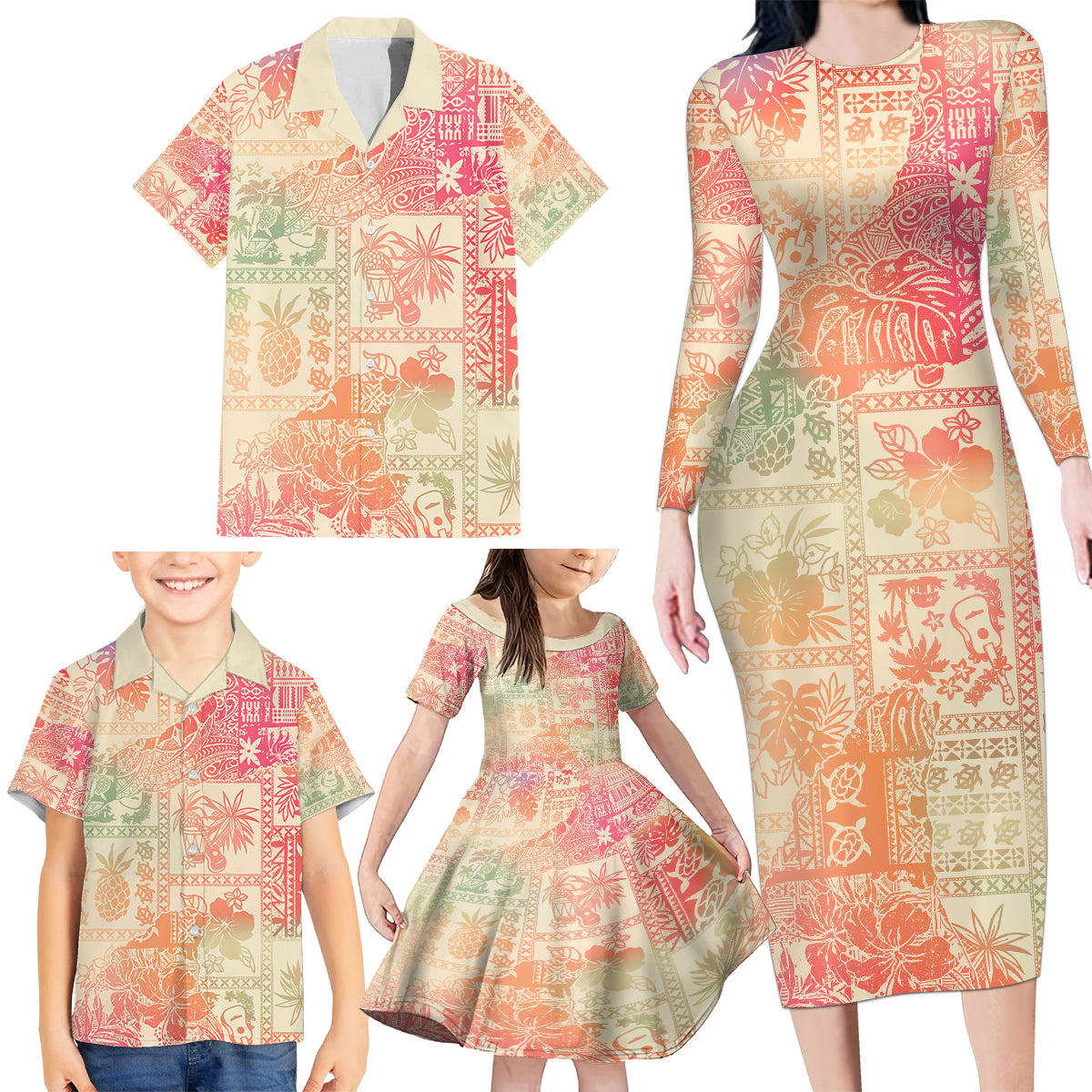Hawaii Family Matching Long Sleeve Bodycon Dress and Hawaiian Shirt Aloha Tribal Pattern Sweat Pink Ombre LT9 - Wonder Print Shop