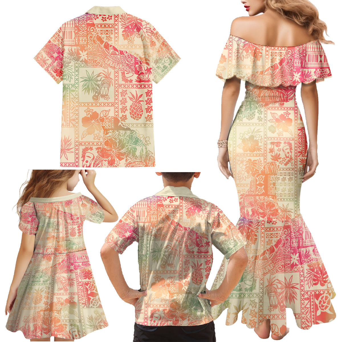 Hawaii Family Matching Mermaid Dress and Hawaiian Shirt Aloha Tribal Pattern Sweat Pink Ombre LT9 - Wonder Print Shop