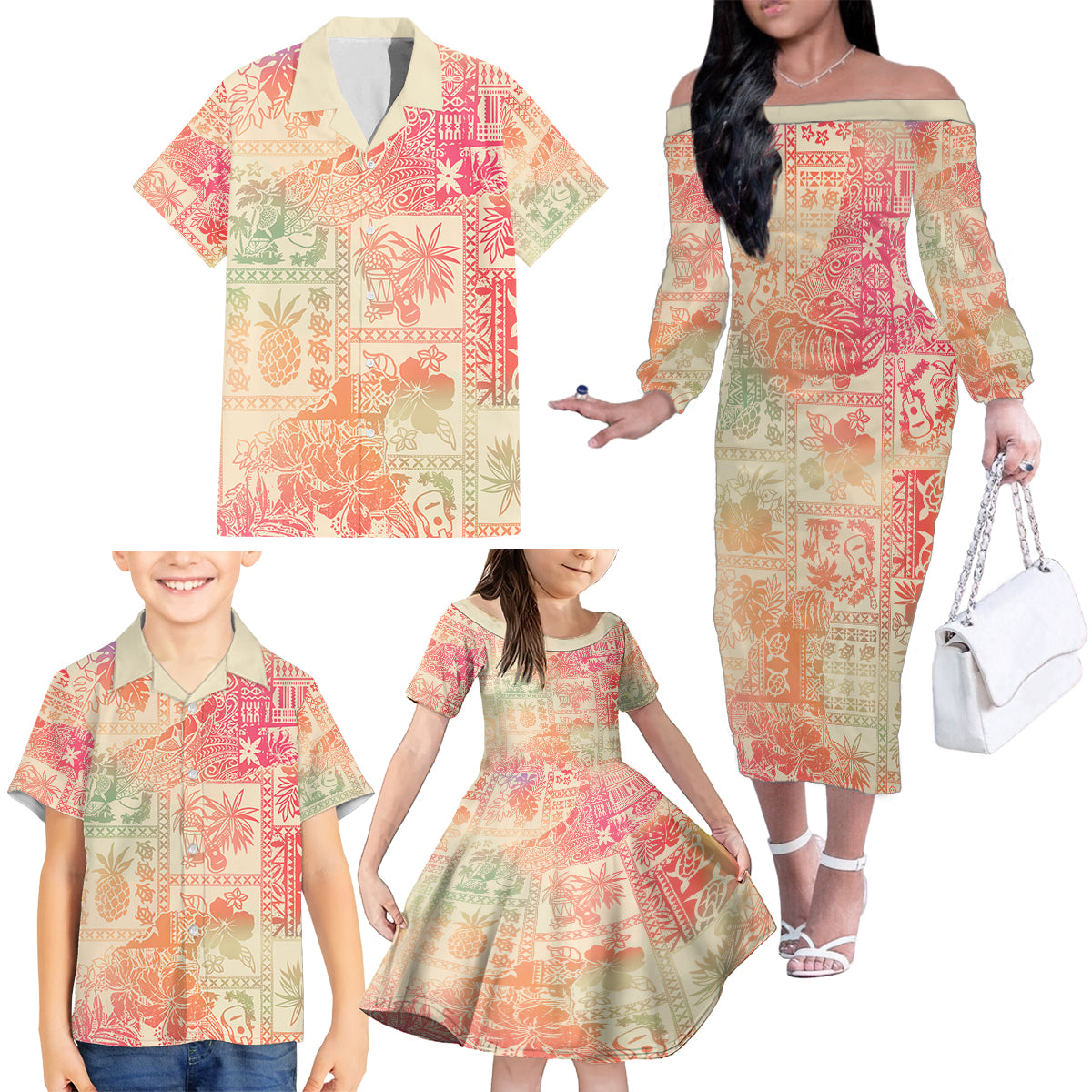 Hawaii Family Matching Off Shoulder Long Sleeve Dress and Hawaiian Shirt Aloha Tribal Pattern Sweat Pink Ombre - Wonder Print Shop