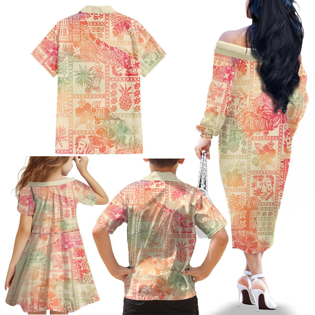 Hawaii Family Matching Off Shoulder Long Sleeve Dress and Hawaiian Shirt Aloha Tribal Pattern Sweat Pink Ombre - Wonder Print Shop