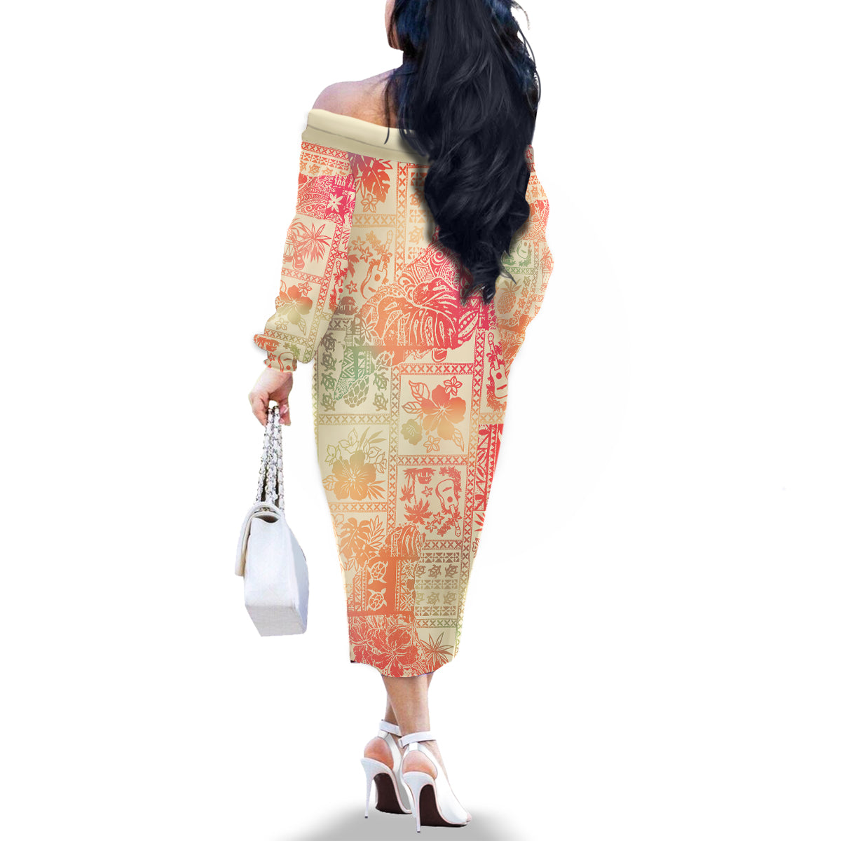 Hawaii Family Matching Off Shoulder Long Sleeve Dress and Hawaiian Shirt Aloha Tribal Pattern Sweat Pink Ombre - Wonder Print Shop