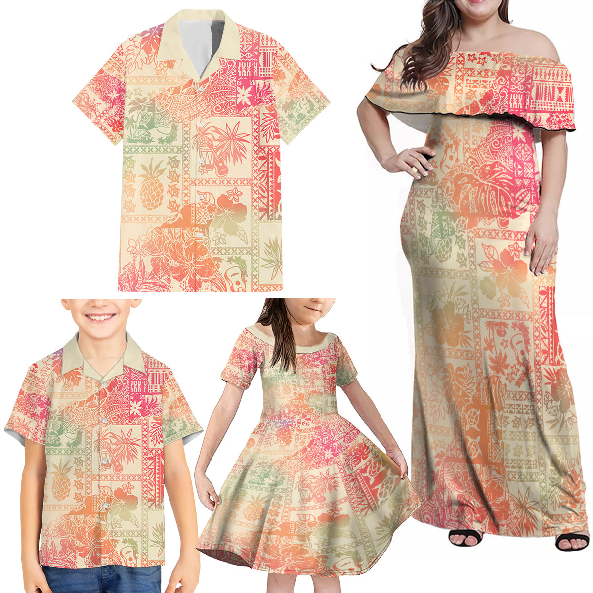 Hawaii Family Matching Off Shoulder Maxi Dress and Hawaiian Shirt Aloha Tribal Pattern Sweat Pink Ombre LT9 - Wonder Print Shop