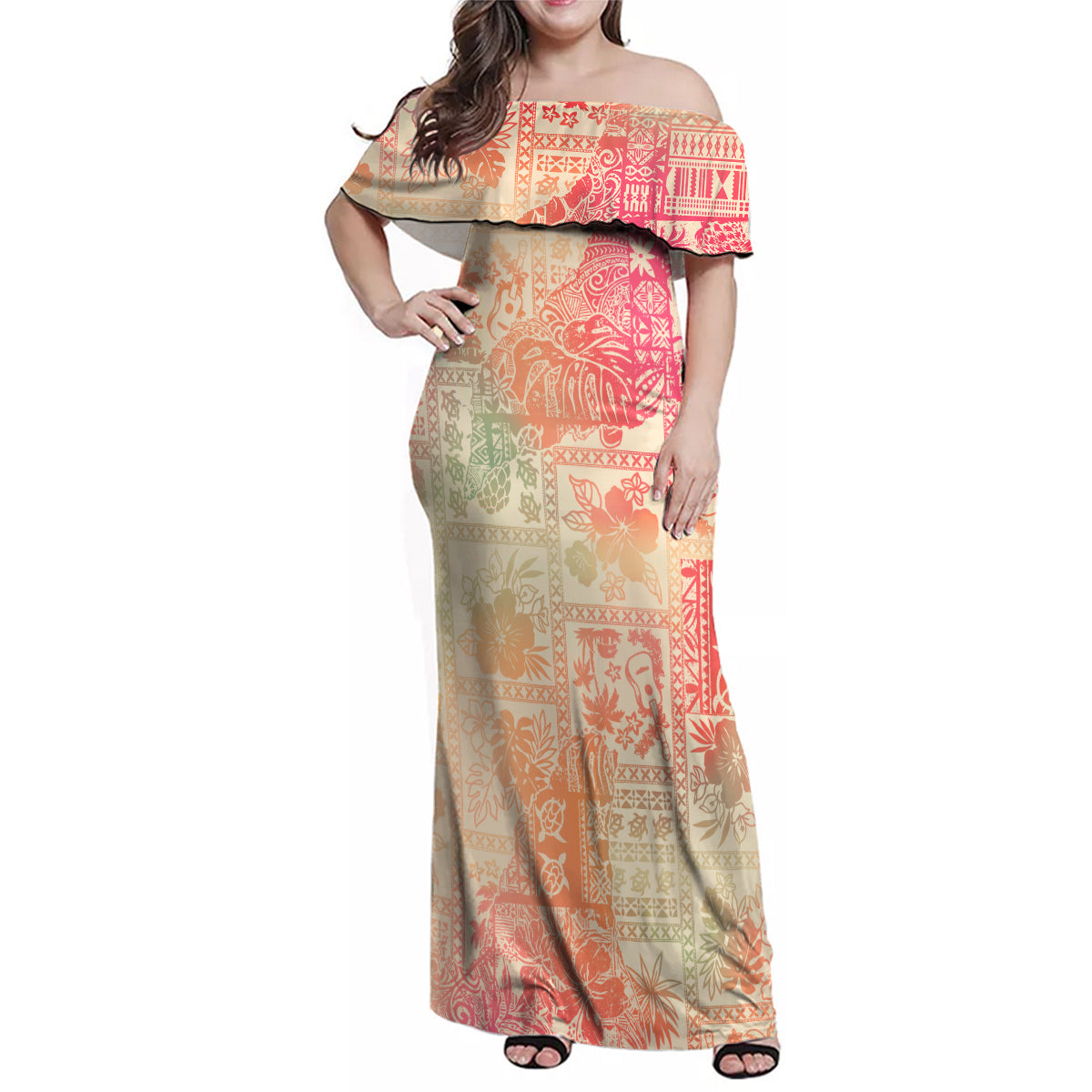 Hawaii Family Matching Off Shoulder Maxi Dress and Hawaiian Shirt Aloha Tribal Pattern Sweat Pink Ombre LT9 - Wonder Print Shop