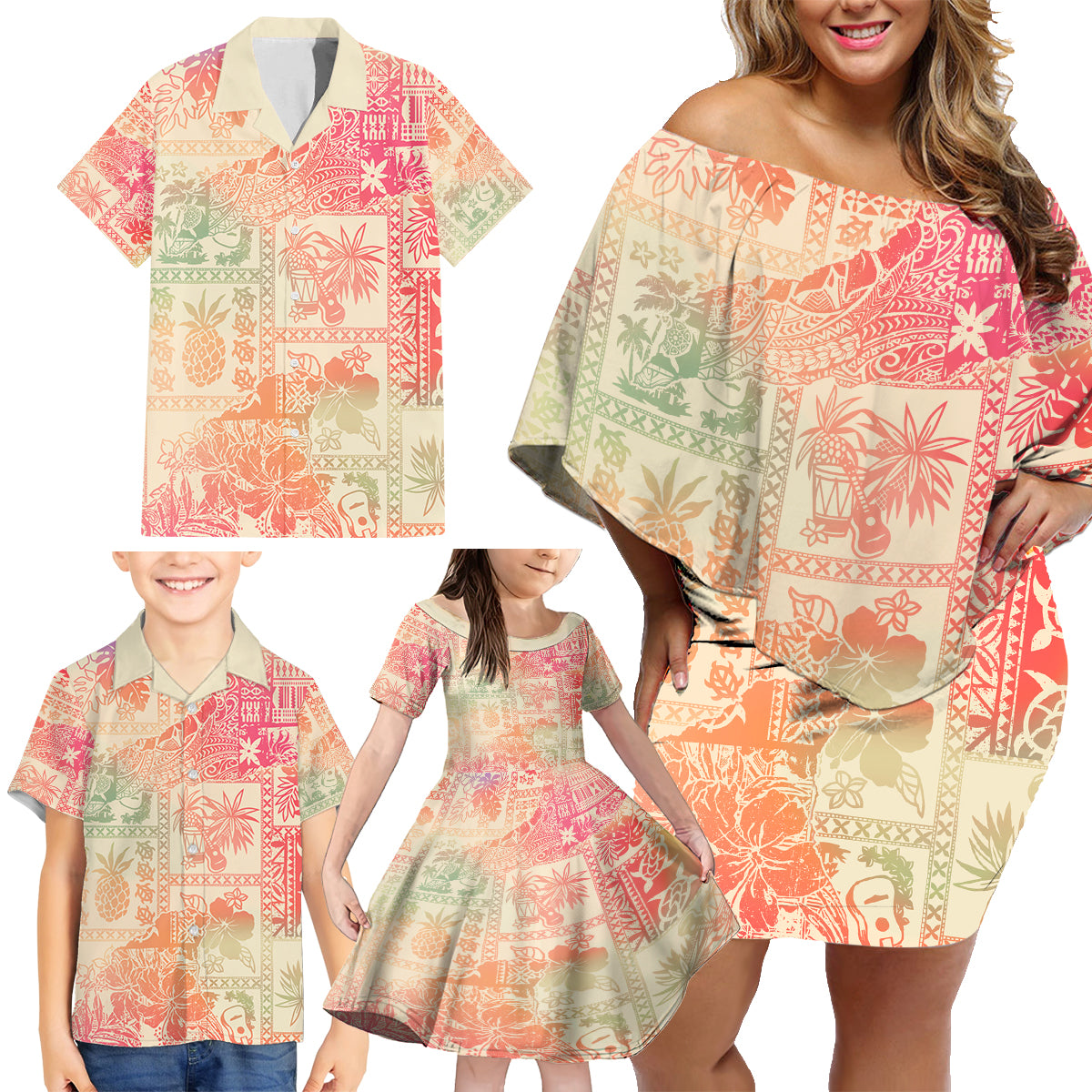 Hawaii Family Matching Off Shoulder Short Dress and Hawaiian Shirt Aloha Tribal Pattern Sweat Pink Ombre LT9 - Wonder Print Shop