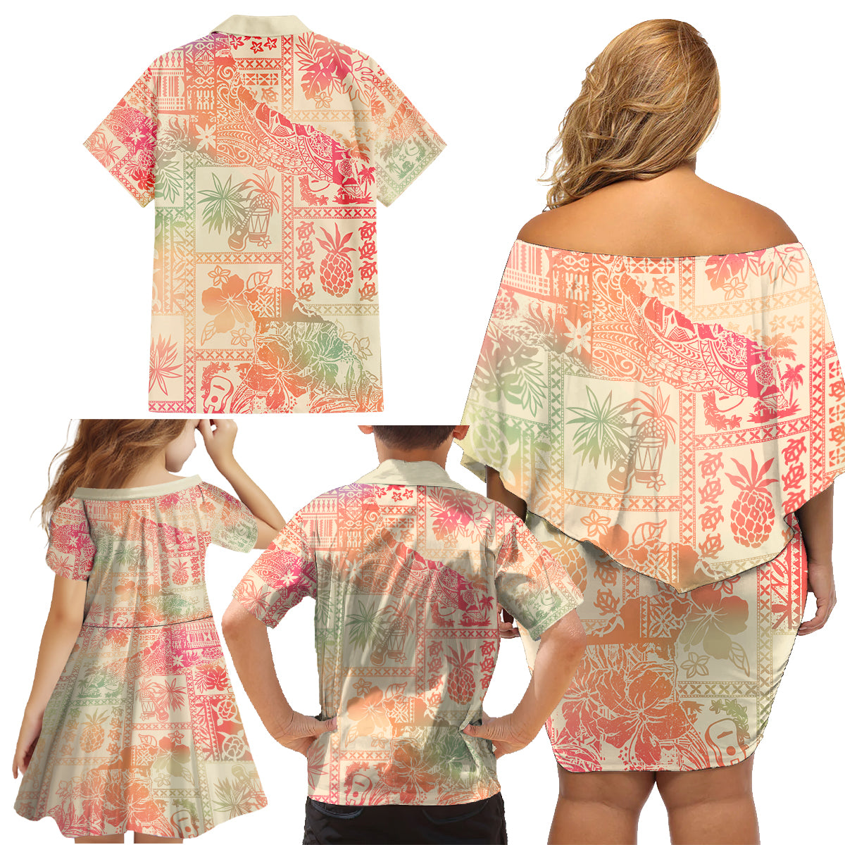 Hawaii Family Matching Off Shoulder Short Dress and Hawaiian Shirt Aloha Tribal Pattern Sweat Pink Ombre LT9 - Wonder Print Shop