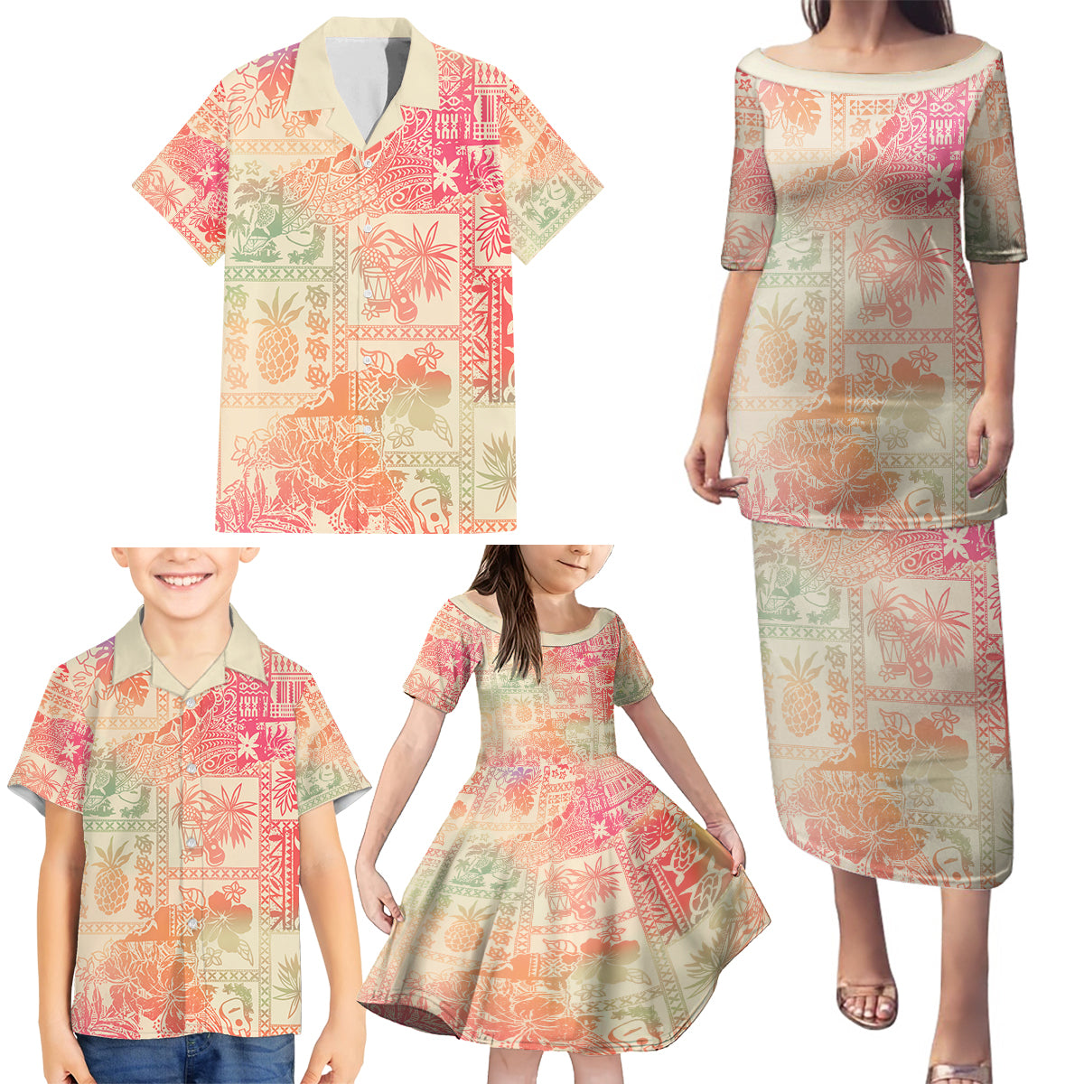 Hawaii Family Matching Puletasi Dress and Hawaiian Shirt Aloha Tribal Pattern Sweat Pink Ombre - Wonder Print Shop