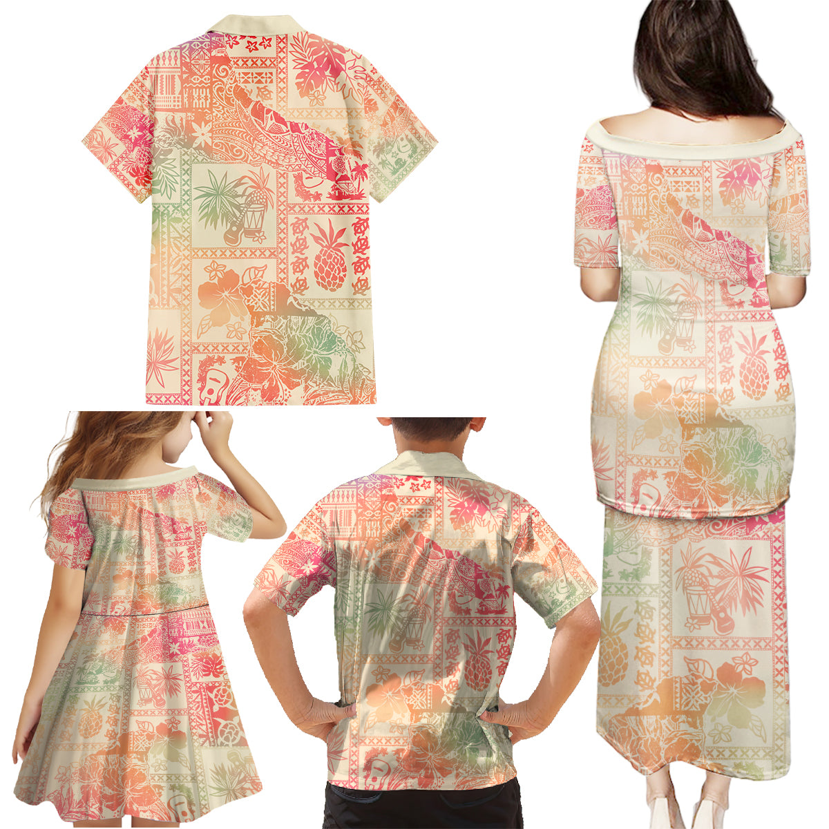 Hawaii Family Matching Puletasi Dress and Hawaiian Shirt Aloha Tribal Pattern Sweat Pink Ombre - Wonder Print Shop