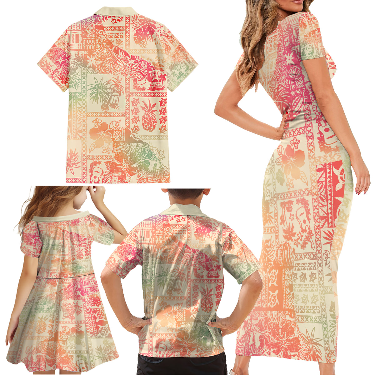 Hawaii Family Matching Short Sleeve Bodycon Dress and Hawaiian Shirt Aloha Tribal Pattern Sweat Pink Ombre - Wonder Print Shop