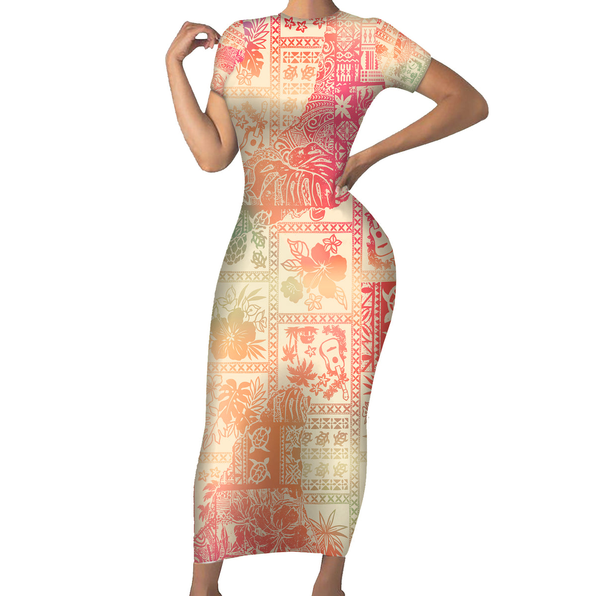 Hawaii Family Matching Short Sleeve Bodycon Dress and Hawaiian Shirt Aloha Tribal Pattern Sweat Pink Ombre - Wonder Print Shop