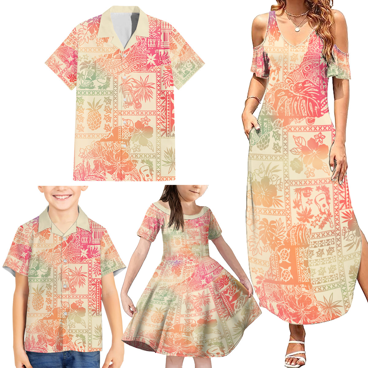 Hawaii Family Matching Summer Maxi Dress and Hawaiian Shirt Aloha Tribal Pattern Sweat Pink Ombre - Wonder Print Shop