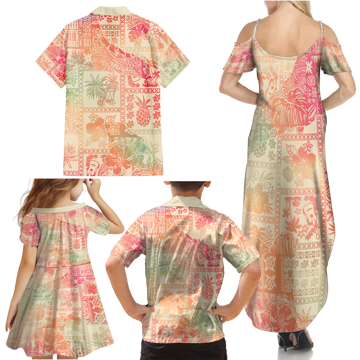 Hawaii Family Matching Summer Maxi Dress and Hawaiian Shirt Aloha Tribal Pattern Sweat Pink Ombre - Wonder Print Shop