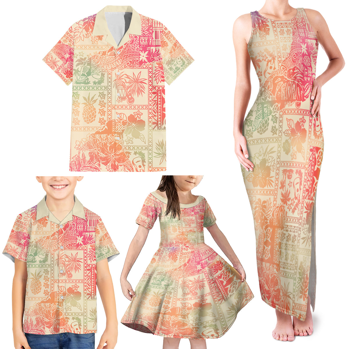 Hawaii Family Matching Tank Maxi Dress and Hawaiian Shirt Aloha Tribal Pattern Sweat Pink Ombre - Wonder Print Shop