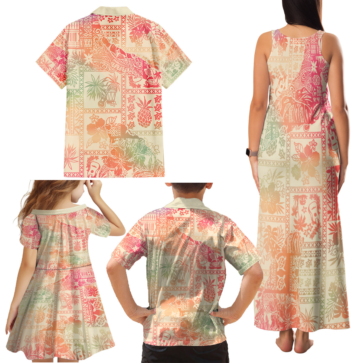 Hawaii Family Matching Tank Maxi Dress and Hawaiian Shirt Aloha Tribal Pattern Sweat Pink Ombre - Wonder Print Shop