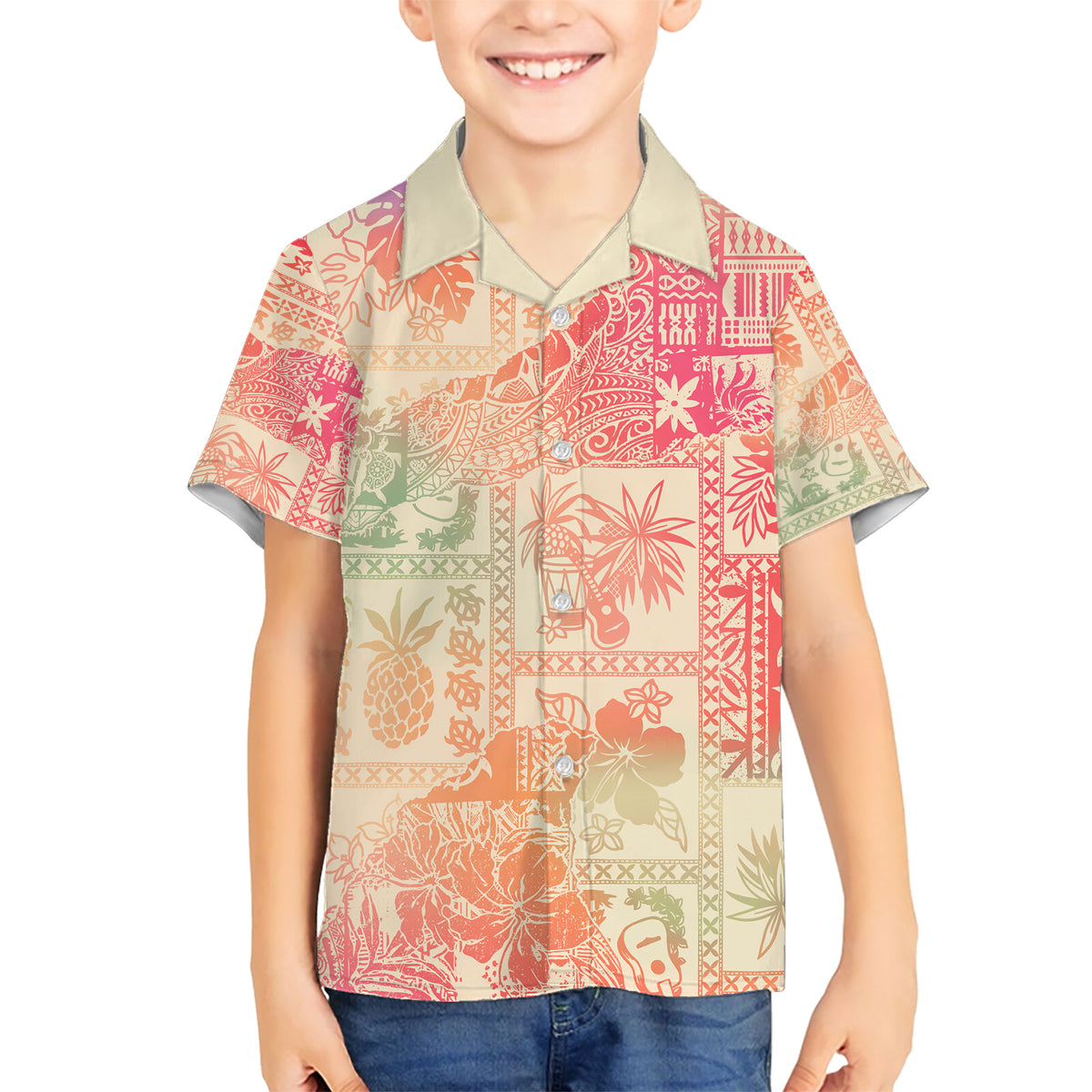 Hawaii Kid Hawaiian Shirt Aloha Tribal Pattern Sweat Pink Ombre - Wonder Print Shop