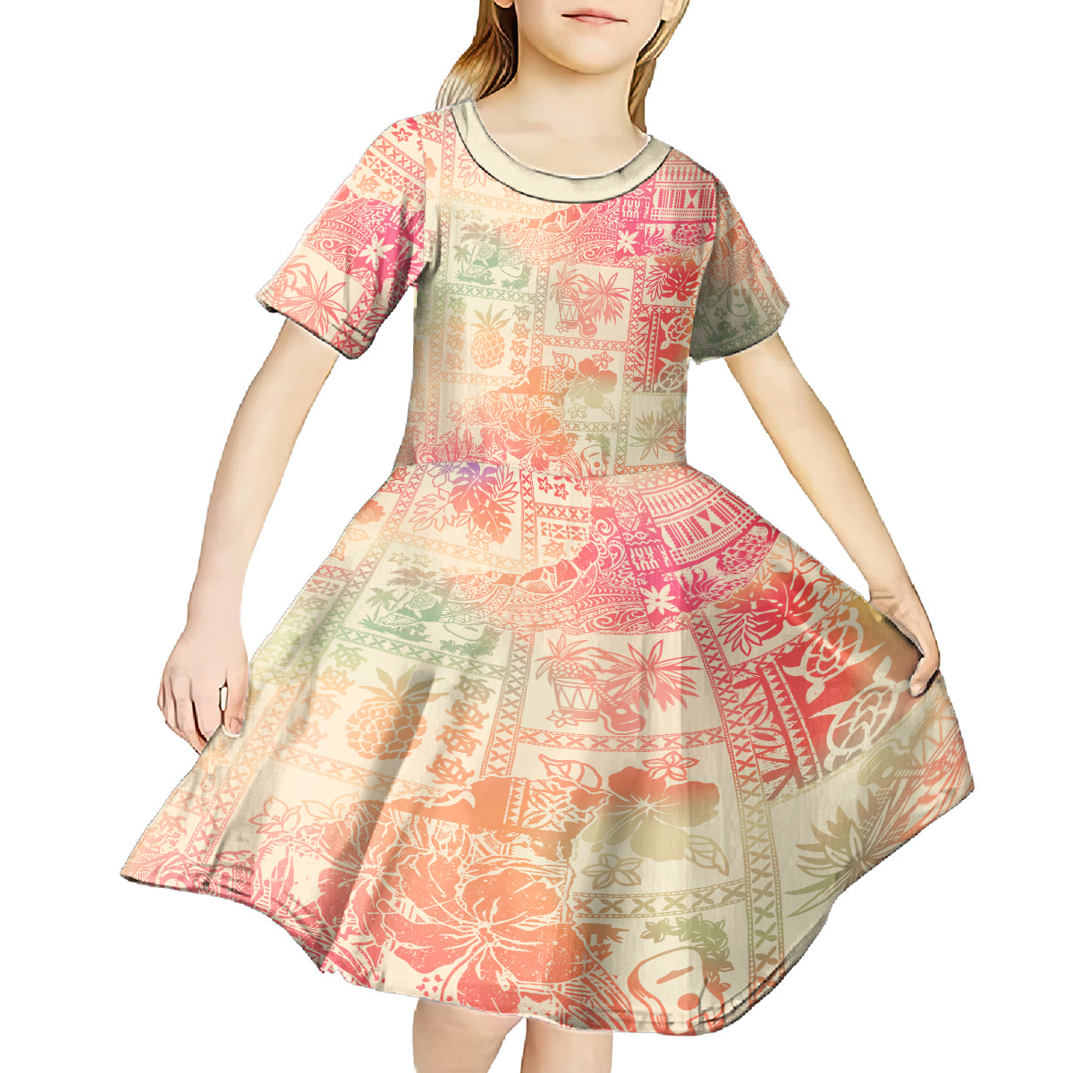 Hawaii Kid Short Sleeve Dress Aloha Tribal Pattern Sweat Pink Ombre - Wonder Print Shop