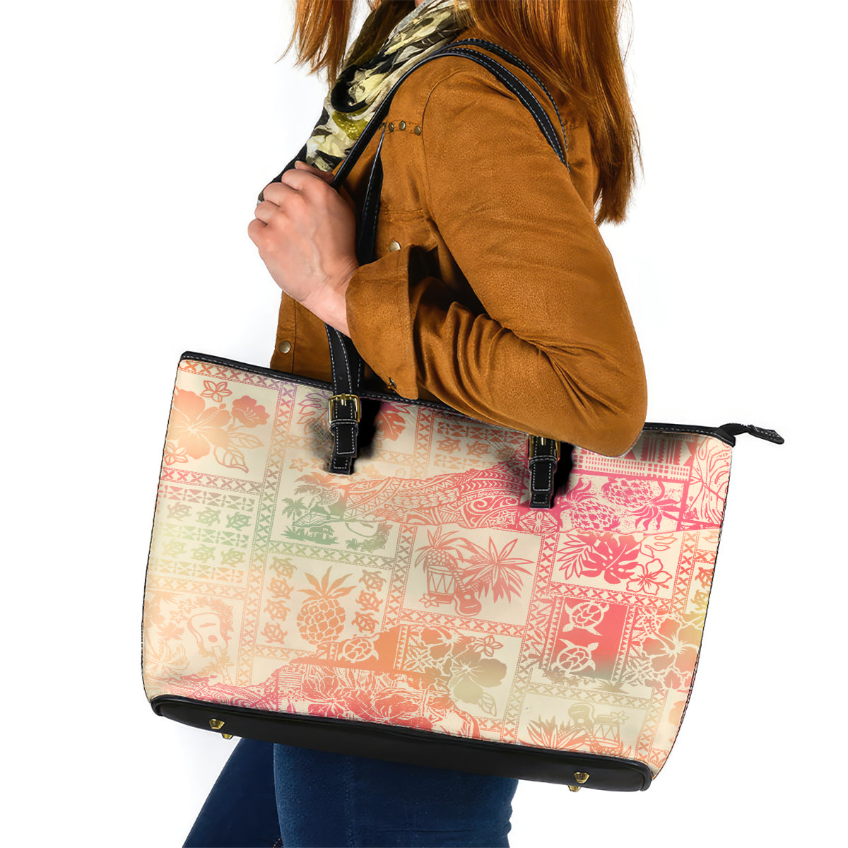Hawaii Leather Tote Bag Aloha Tribal Pattern Sweat Pink Ombre - Wonder Print Shop