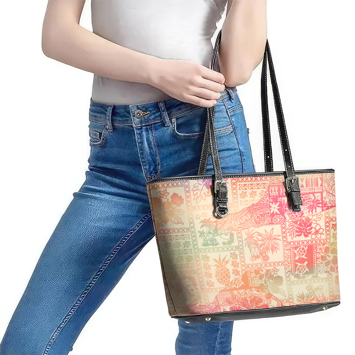 Hawaii Leather Tote Bag Aloha Tribal Pattern Sweat Pink Ombre - Wonder Print Shop