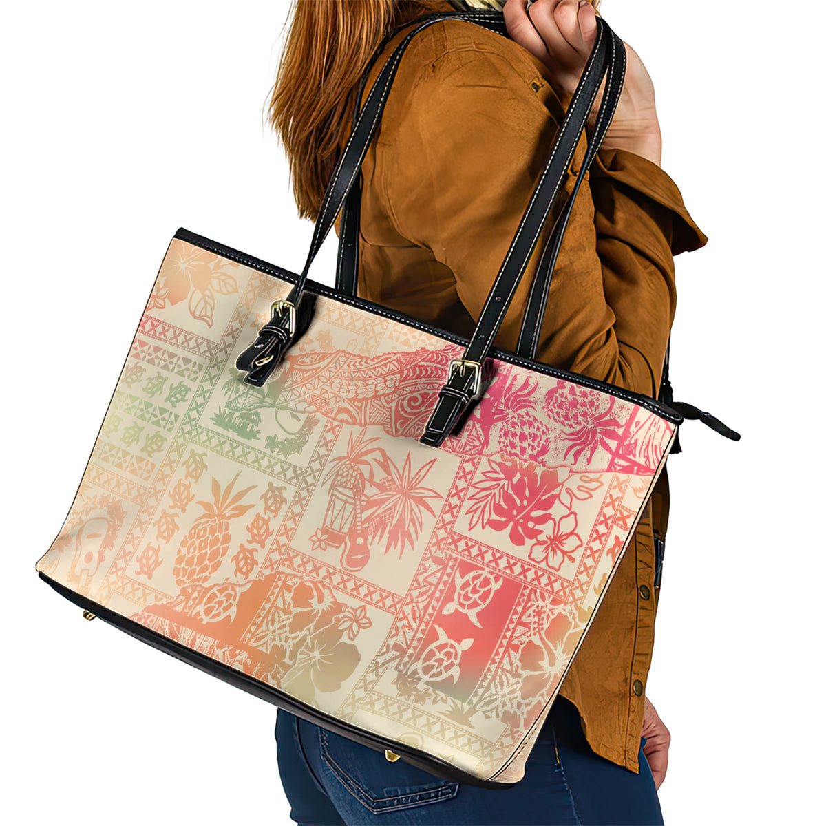 Hawaii Leather Tote Bag Aloha Tribal Pattern Sweat Pink Ombre - Wonder Print Shop