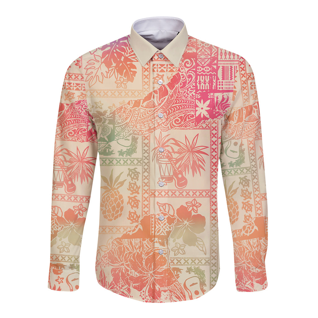 Hawaii Long Sleeve Button Shirt Aloha Tribal Pattern Sweat Pink Ombre - Wonder Print Shop